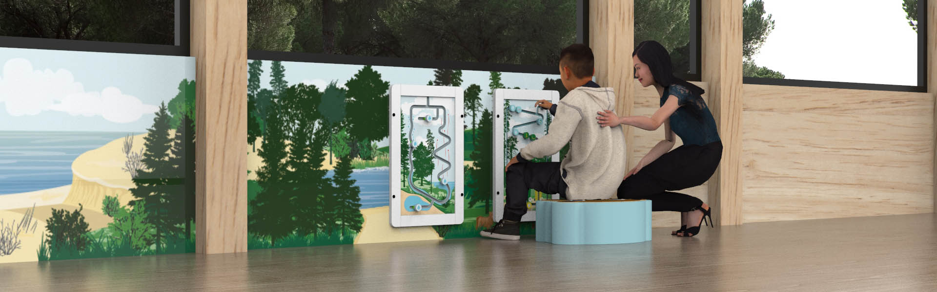 This image shows a boy playing with a educational wall game