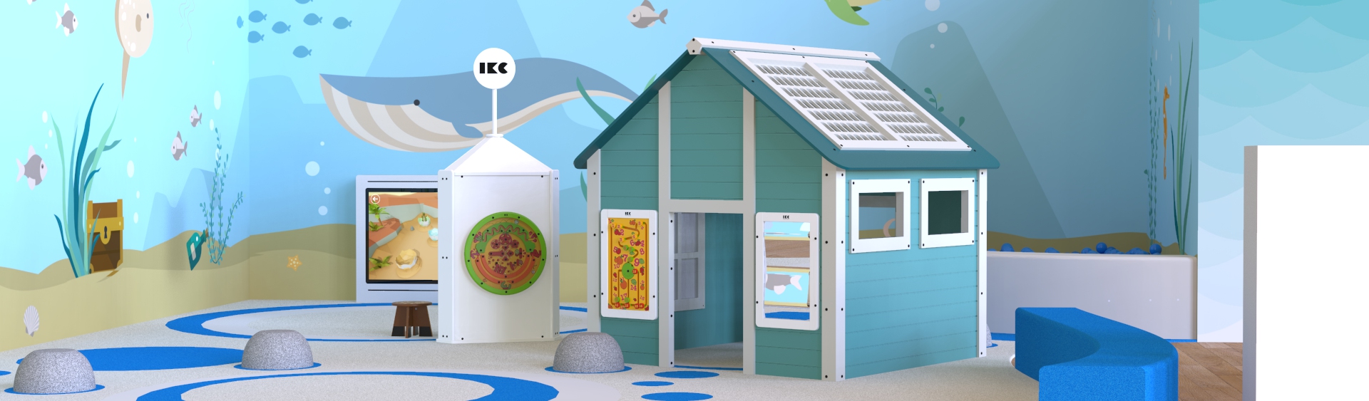 On this image you can see a kids' corner with playhouses