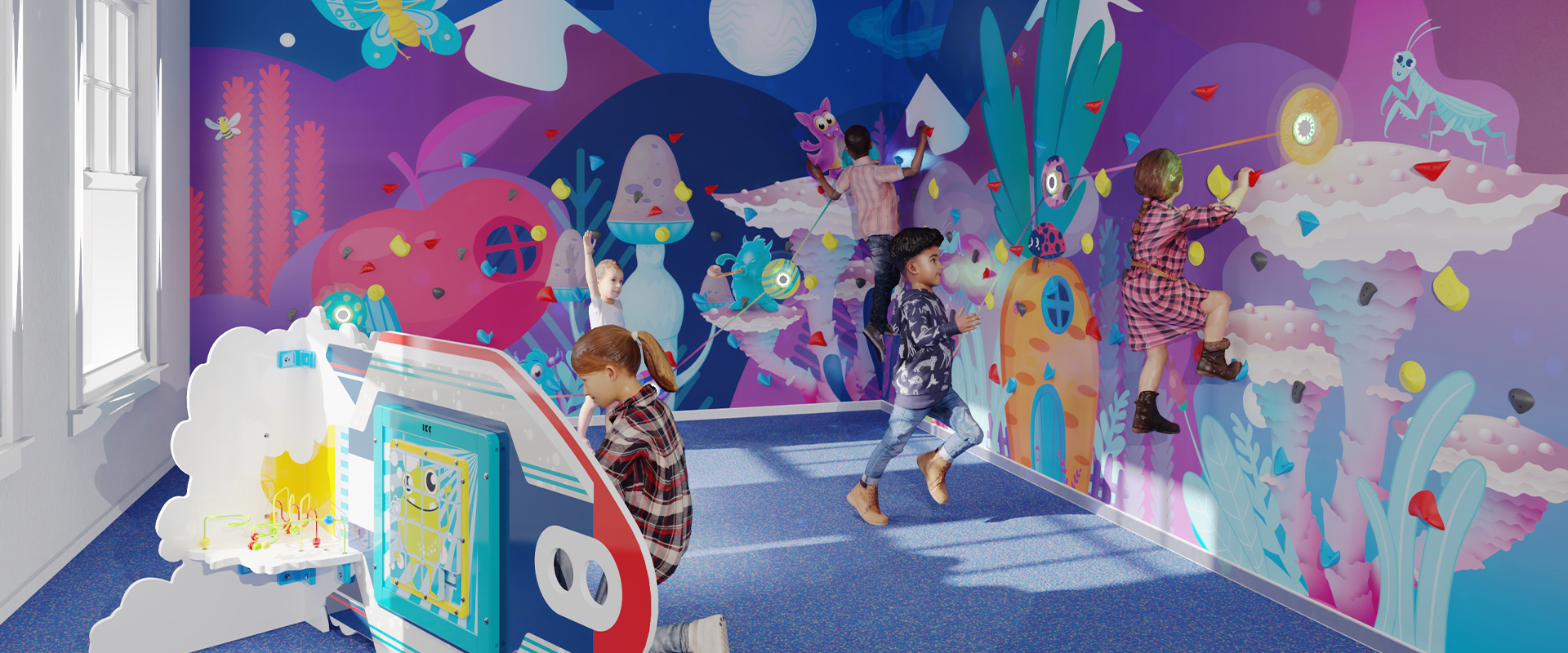 IKC interactieve speelmuur Activity Wall Parcours met ruimte thema en ingebouwde klimmuur met klimgrepen voor kinderen IKC interactieve speelmuur Activity Wall Parcours met ruimte thema en ingebouwde klimmuur met klimgrepen voor kinderen